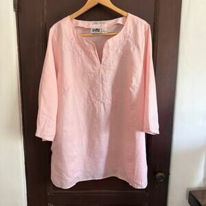 EDWARD | Pink Irish Linen Embroidered beaded Split neck tunic | 2X